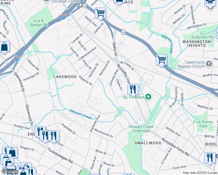 map of restaurants, bars, coffee shops, grocery stores, and more near 2933 Coronet Way in Charlotte