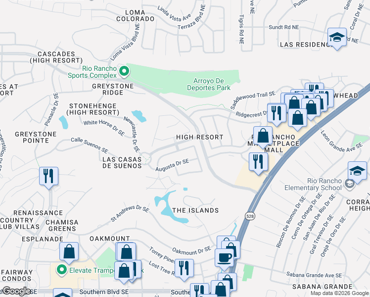 map of restaurants, bars, coffee shops, grocery stores, and more near 3876 Bay Hill Loop Southeast in Rio Rancho