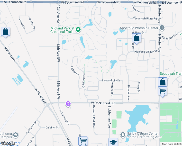 map of restaurants, bars, coffee shops, grocery stores, and more near 801 Mossy Road in Norman