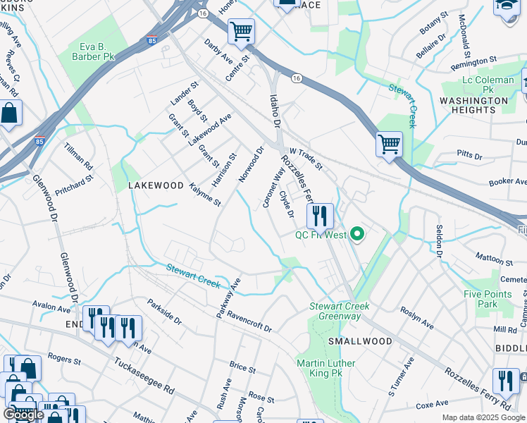 map of restaurants, bars, coffee shops, grocery stores, and more near 2941 Coronet Way in Charlotte