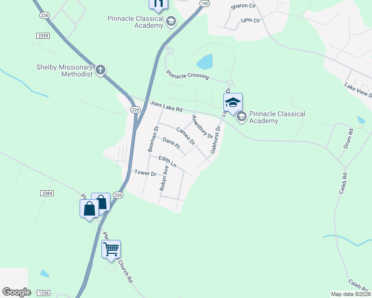 map of restaurants, bars, coffee shops, grocery stores, and more near 2123 Dana Place in Shelby