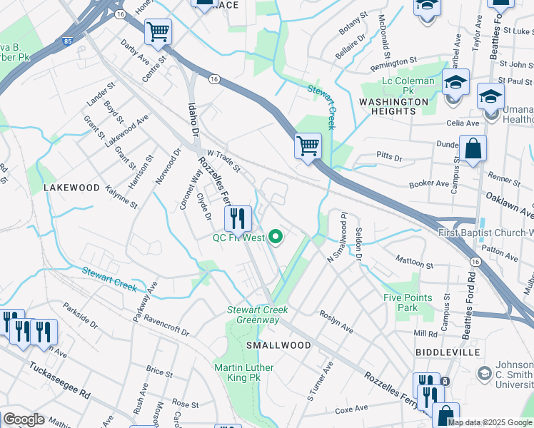 map of restaurants, bars, coffee shops, grocery stores, and more near 117 Judson Avenue in Charlotte