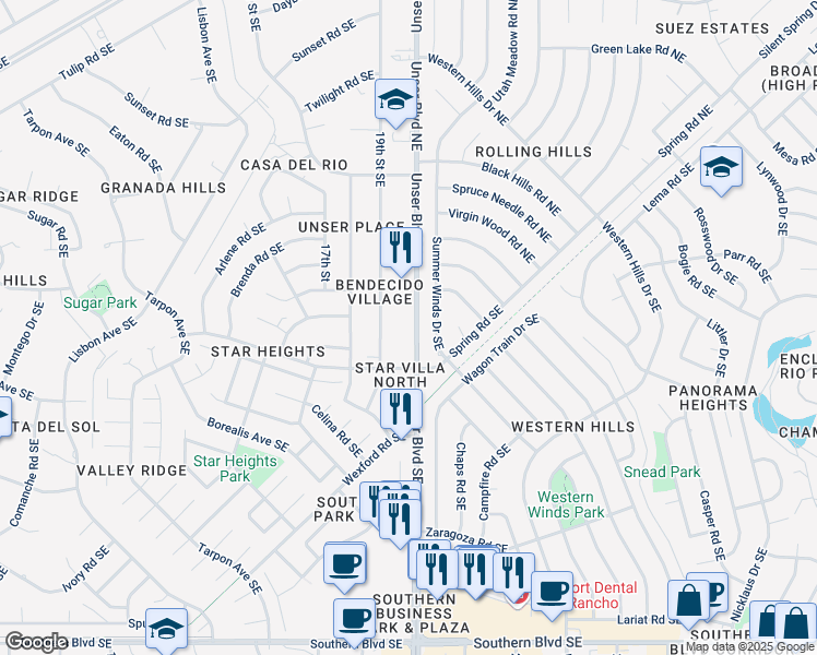 map of restaurants, bars, coffee shops, grocery stores, and more near 365 Unser Boulevard Southeast in Rio Rancho