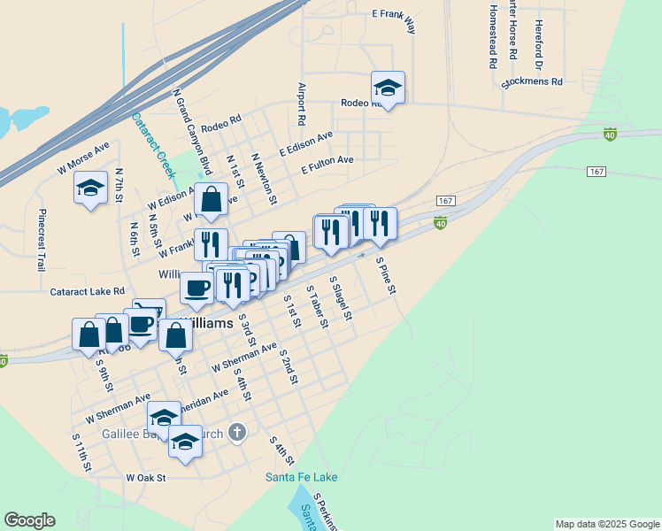 map of restaurants, bars, coffee shops, grocery stores, and more near 301 East Bill Williams Avenue in Williams