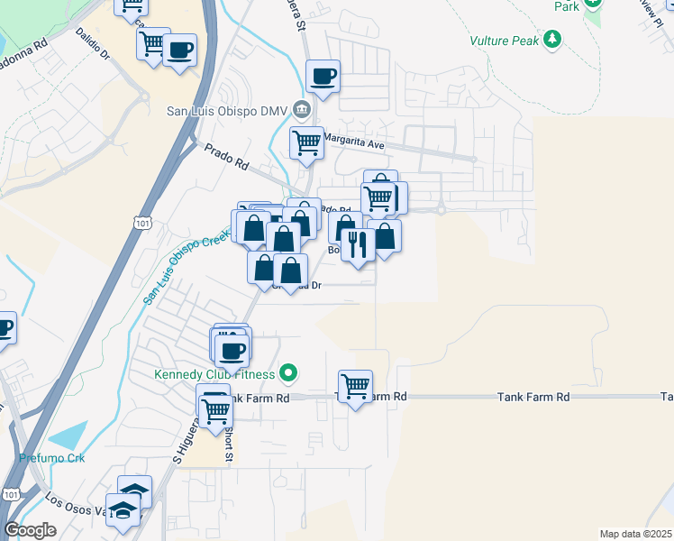 map of restaurants, bars, coffee shops, grocery stores, and more near 254 Granada Drive in San Luis Obispo