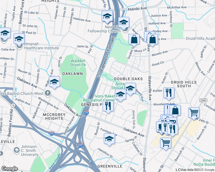 map of restaurants, bars, coffee shops, grocery stores, and more near 2112 Rush Wind Drive in Charlotte