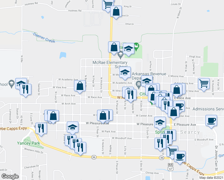 map of restaurants, bars, coffee shops, grocery stores, and more near 504 North Maple Street in Searcy