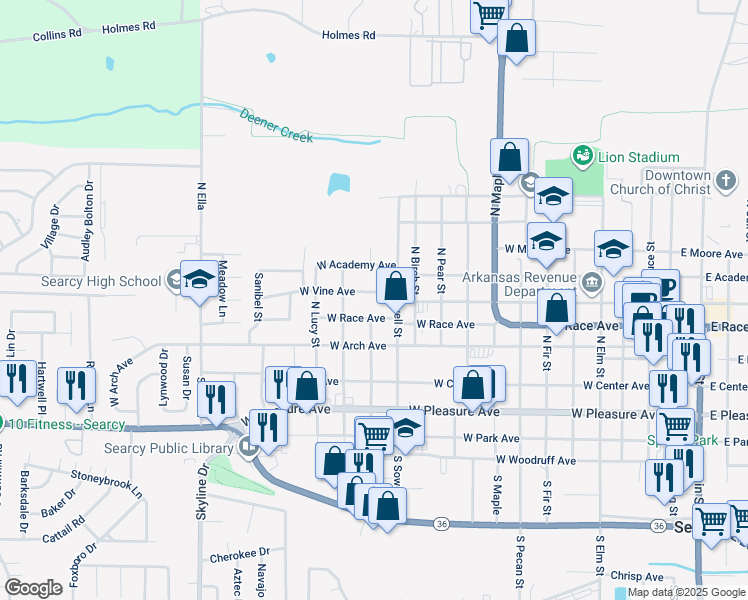 map of restaurants, bars, coffee shops, grocery stores, and more near 1211 West Vine Avenue in Searcy