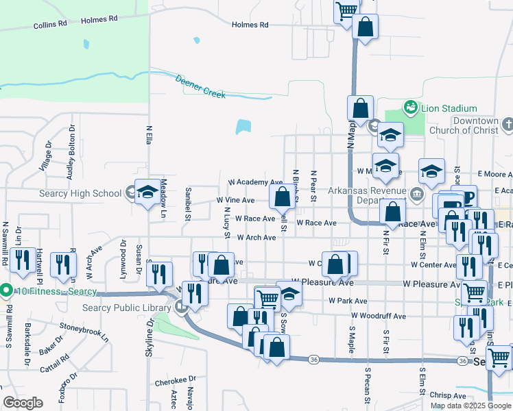 map of restaurants, bars, coffee shops, grocery stores, and more near 1305 West Vine Avenue in Searcy