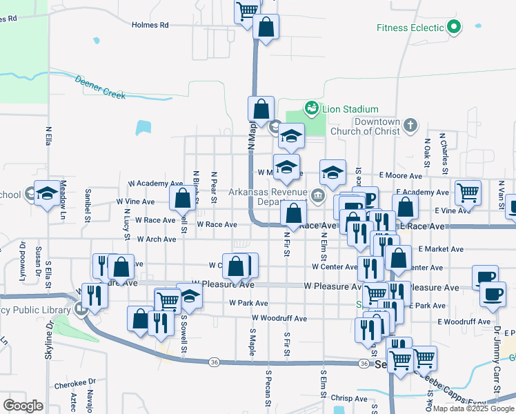 map of restaurants, bars, coffee shops, grocery stores, and more near 504 North Maple Street in Searcy