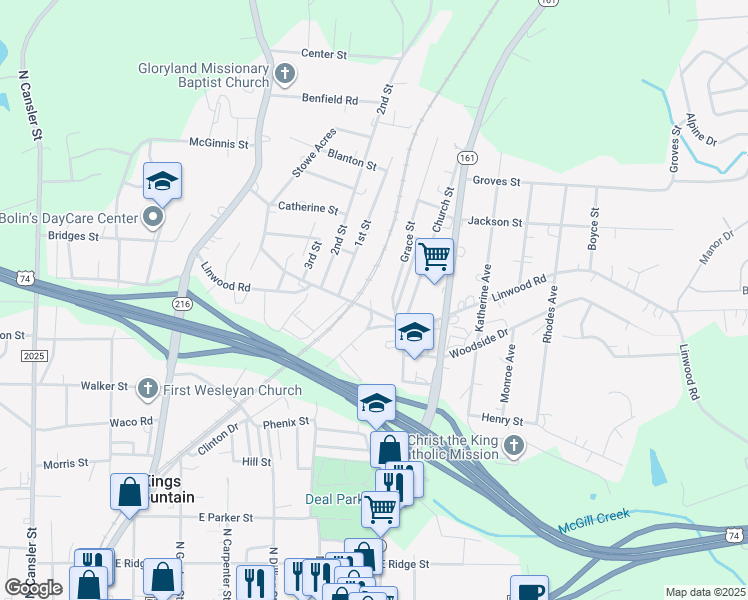 map of restaurants, bars, coffee shops, grocery stores, and more near 48 Julian Street in Kings Mountain