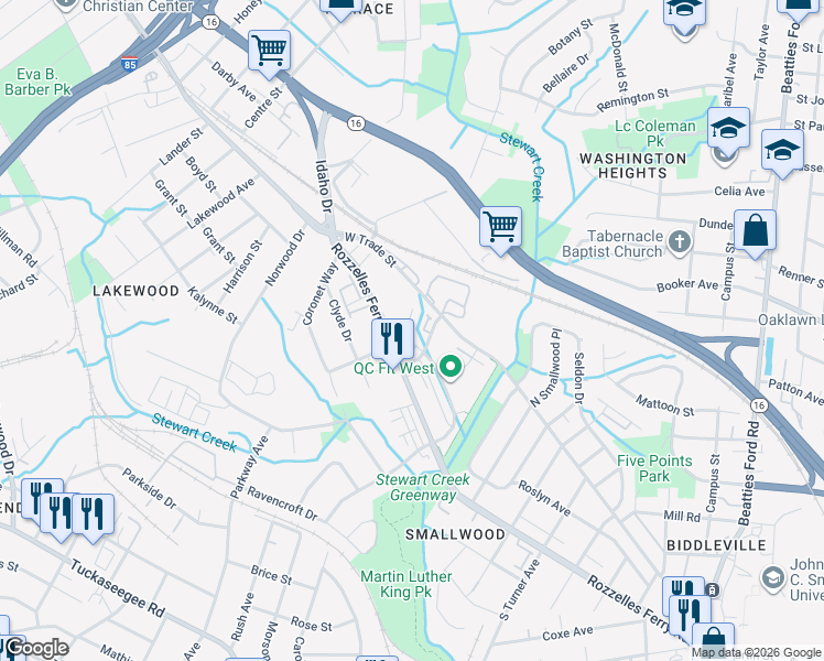 map of restaurants, bars, coffee shops, grocery stores, and more near 117-131 Judson Avenue in Charlotte