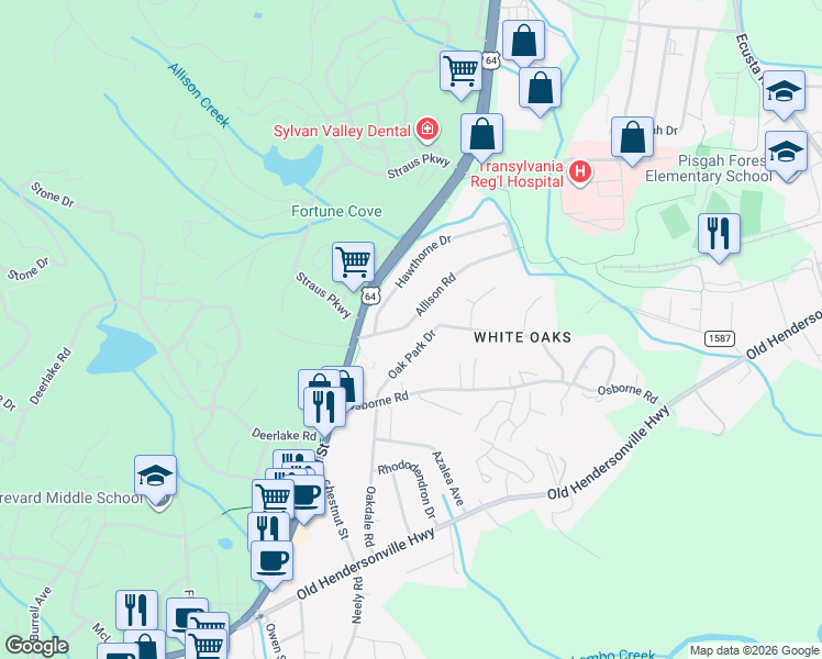 map of restaurants, bars, coffee shops, grocery stores, and more near 90 Allison Road in Brevard