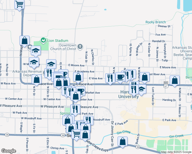 map of restaurants, bars, coffee shops, grocery stores, and more near 500 North Charles Street in Searcy