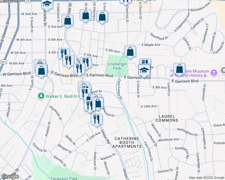 map of restaurants, bars, coffee shops, grocery stores, and more near 731 Forest Drive in Gastonia