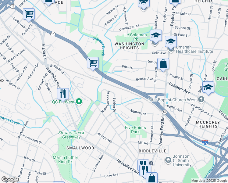 map of restaurants, bars, coffee shops, grocery stores, and more near 656 Seldon Drive in Charlotte