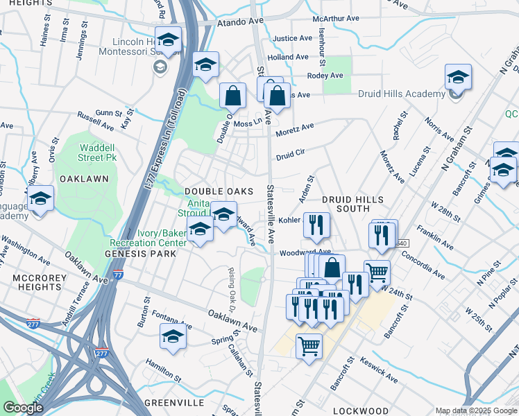 map of restaurants, bars, coffee shops, grocery stores, and more near 2219 Statesville Avenue in Charlotte