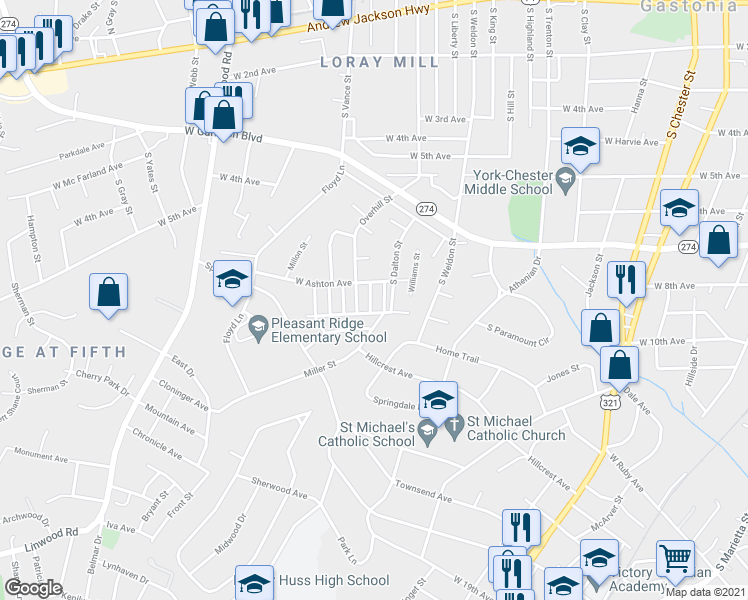 map of restaurants, bars, coffee shops, grocery stores, and more near 108 South Summit Street in Gastonia