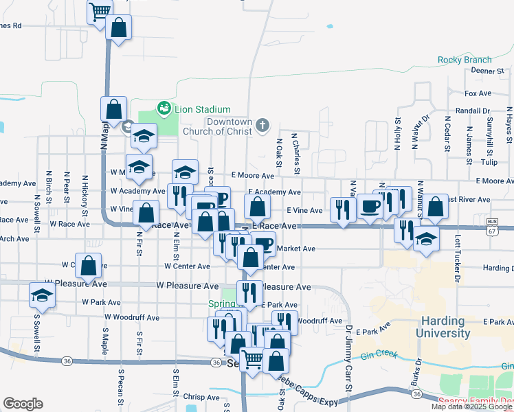 map of restaurants, bars, coffee shops, grocery stores, and more near 208 East Vine Avenue in Searcy