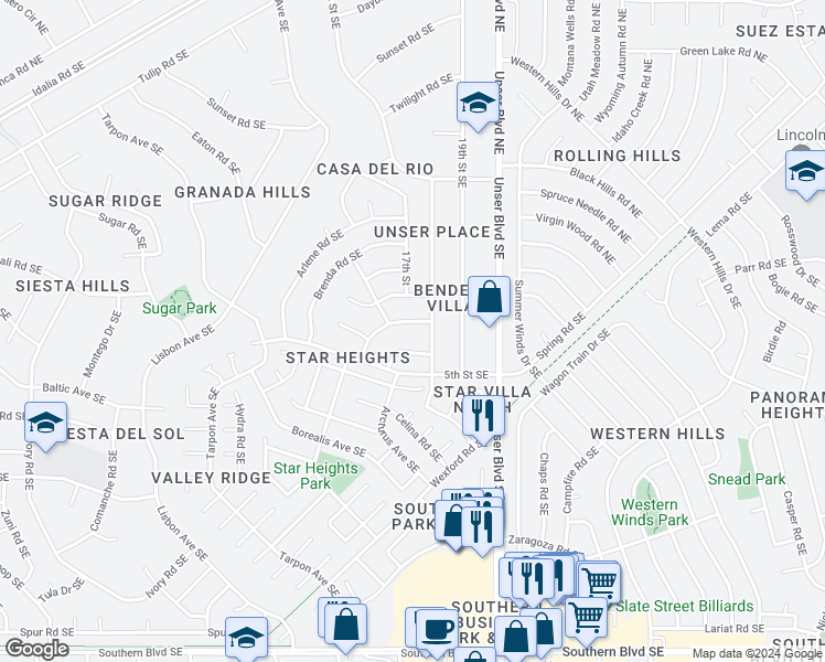 map of restaurants, bars, coffee shops, grocery stores, and more near 301 Geraldine Loop Southeast in Rio Rancho