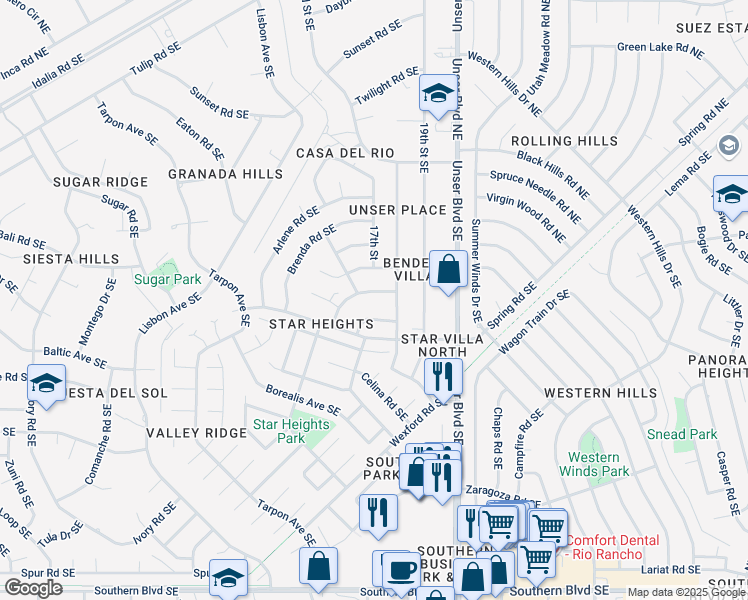map of restaurants, bars, coffee shops, grocery stores, and more near 321 Geraldine Loop Southeast in Rio Rancho