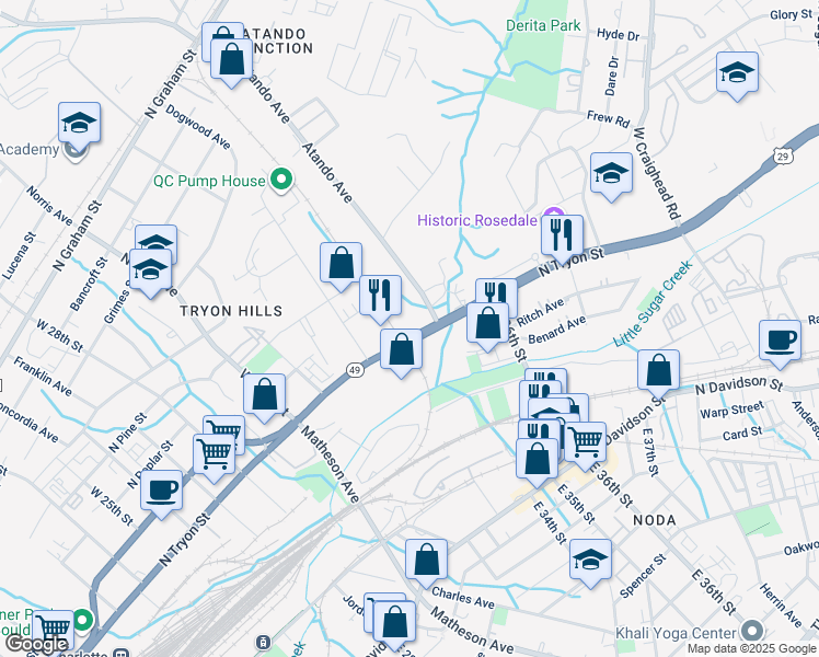 map of restaurants, bars, coffee shops, grocery stores, and more near 3027 North Tryon Street in Charlotte