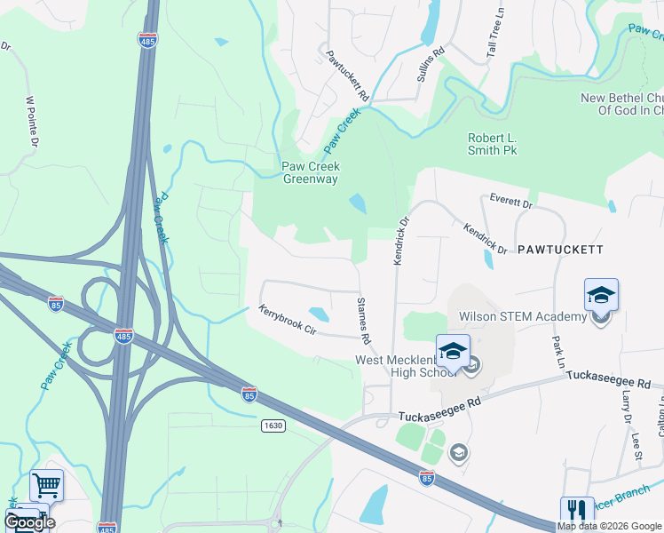 map of restaurants, bars, coffee shops, grocery stores, and more near 2700 Starnes Road in Charlotte