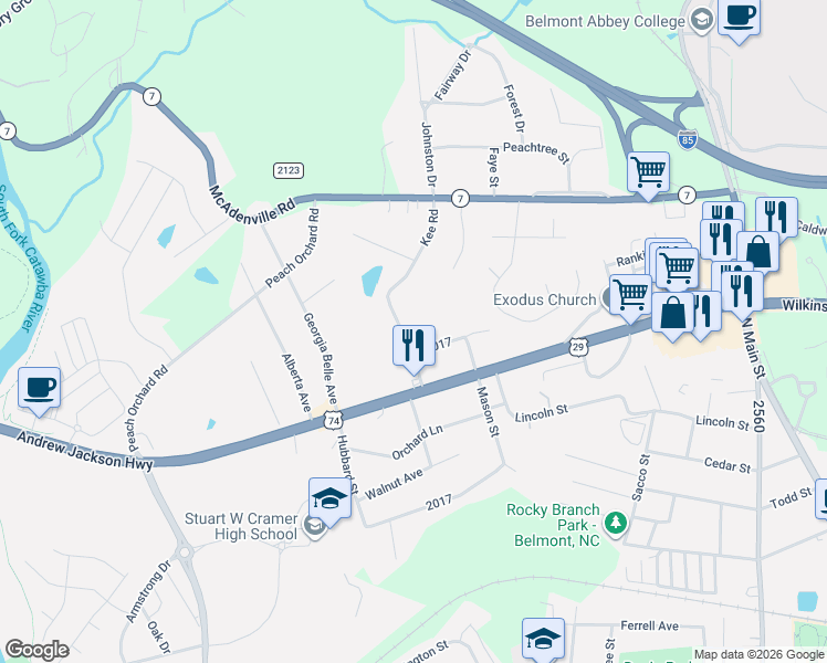 map of restaurants, bars, coffee shops, grocery stores, and more near 26 Kee Road in Belmont
