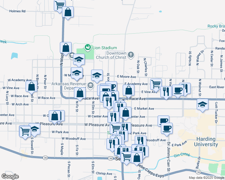 map of restaurants, bars, coffee shops, grocery stores, and more near 501 North Spruce Street in Searcy