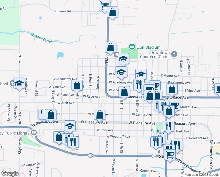 map of restaurants, bars, coffee shops, grocery stores, and more near 708 West Vine Avenue in Searcy