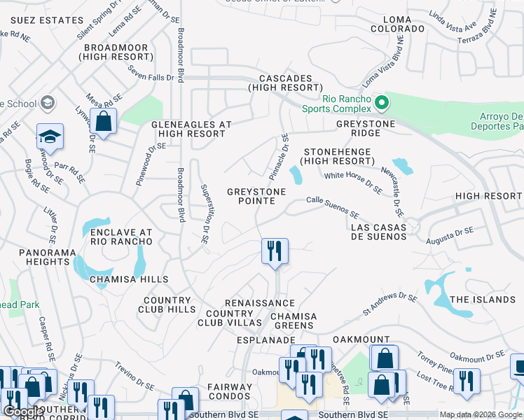 map of restaurants, bars, coffee shops, grocery stores, and more near 3204 Greystone Court Southeast in Rio Rancho