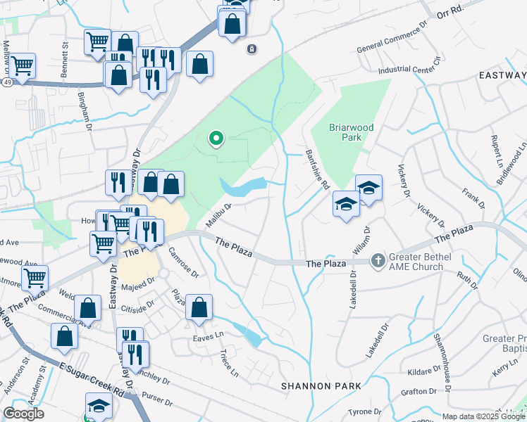 map of restaurants, bars, coffee shops, grocery stores, and more near 4818 Highlake Drive in Charlotte