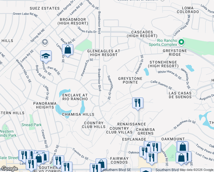 map of restaurants, bars, coffee shops, grocery stores, and more near 544 Hermit Falls Drive Southeast in Rio Rancho