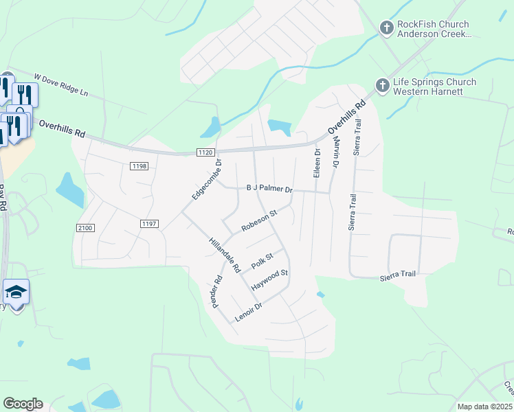 map of restaurants, bars, coffee shops, grocery stores, and more near 186 Lenoir Drive in Spring Lake