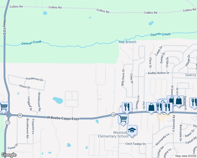 map of restaurants, bars, coffee shops, grocery stores, and more near 134 Charles Thomas Boulevard in Searcy