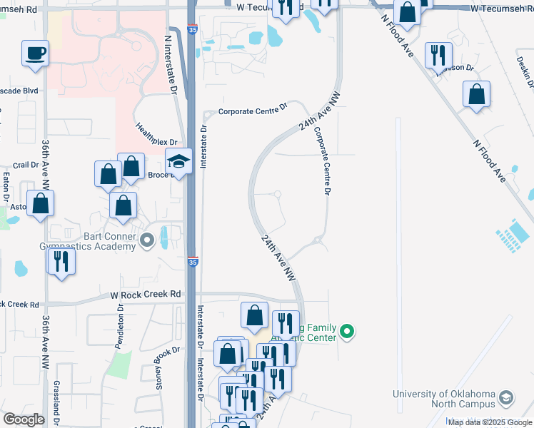 map of restaurants, bars, coffee shops, grocery stores, and more near 2751 24th Avenue Northwest in Norman