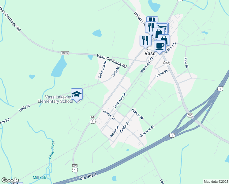 map of restaurants, bars, coffee shops, grocery stores, and more near 3681 US 1 Highway in Vass