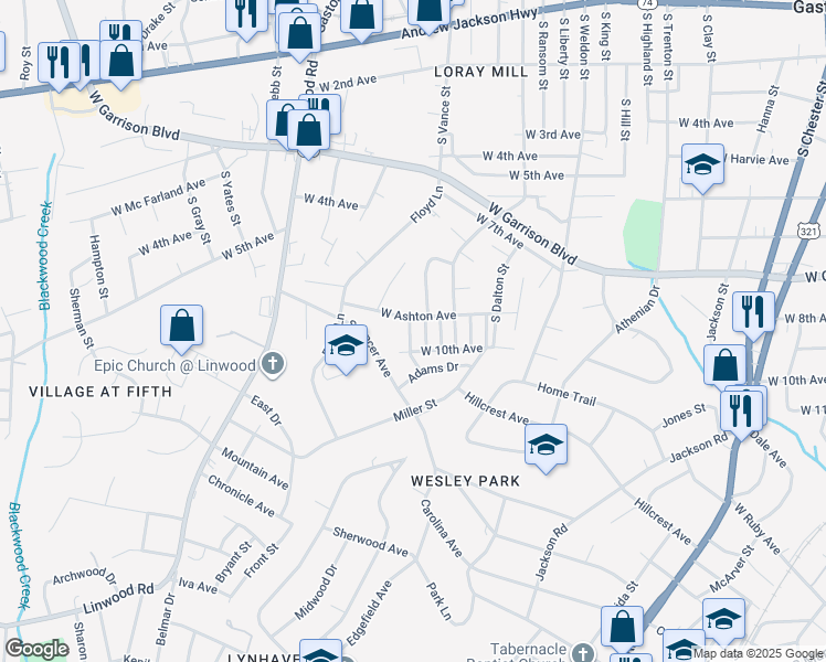 map of restaurants, bars, coffee shops, grocery stores, and more near 110 Dix Street in Gastonia