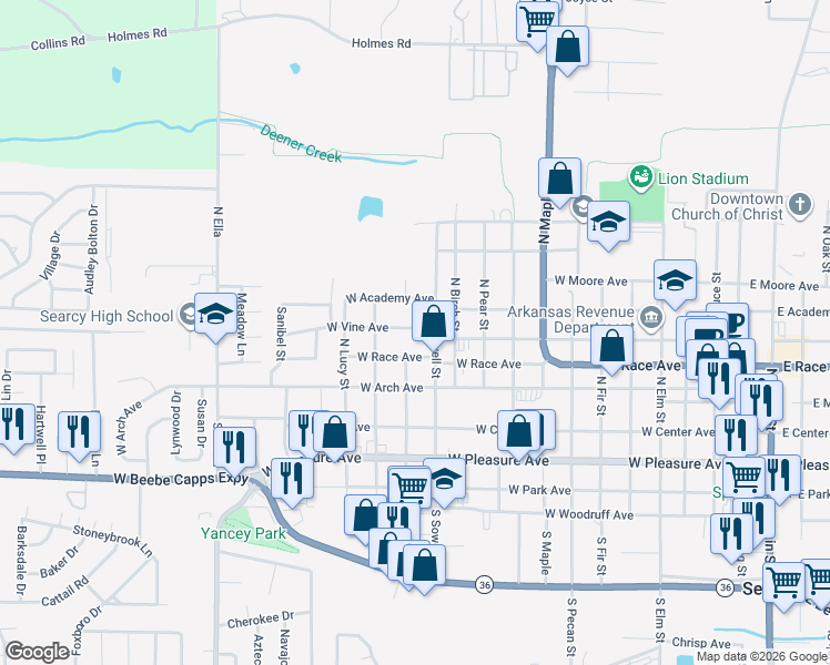 map of restaurants, bars, coffee shops, grocery stores, and more near 1209 West Vine Avenue in Searcy