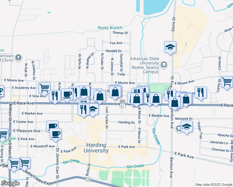 map of restaurants, bars, coffee shops, grocery stores, and more near 1313 East River Avenue in Searcy