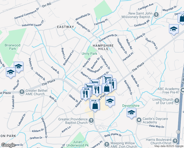 map of restaurants, bars, coffee shops, grocery stores, and more near 6321 Bridgeport Drive in Charlotte