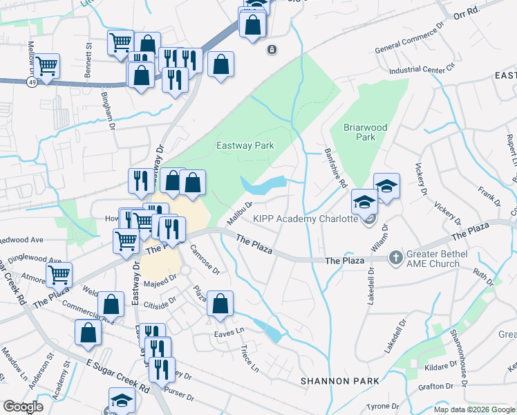 map of restaurants, bars, coffee shops, grocery stores, and more near in Charlotte