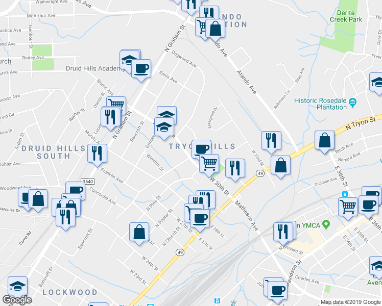 map of restaurants, bars, coffee shops, grocery stores, and more near in Charlotte
