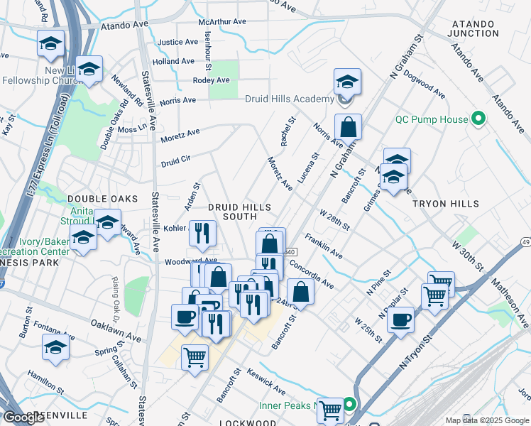 map of restaurants, bars, coffee shops, grocery stores, and more near 2347 Lucena Street in Charlotte