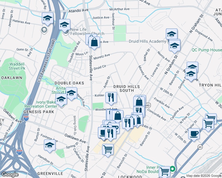 map of restaurants, bars, coffee shops, grocery stores, and more near 1030 Kohler Avenue in Charlotte