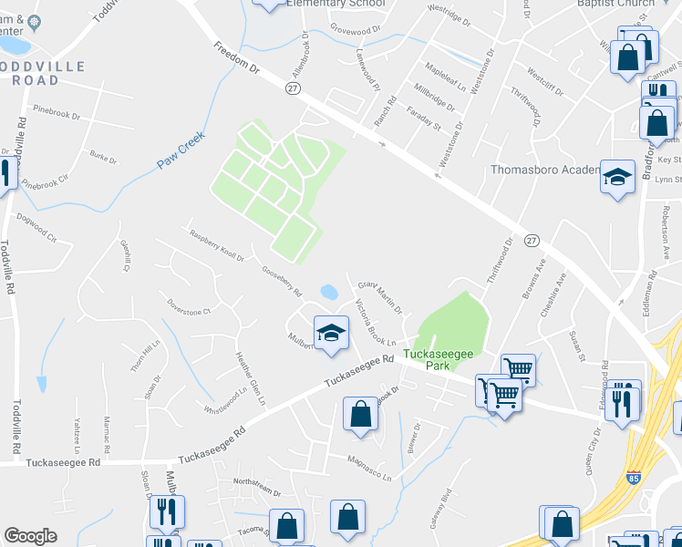 map of restaurants, bars, coffee shops, grocery stores, and more near 3419 Victoria Brook Lane in Charlotte