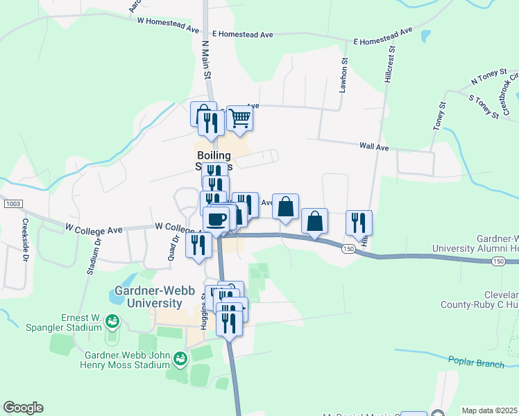 map of restaurants, bars, coffee shops, grocery stores, and more near 121 Hamrick Avenue in Boiling Springs