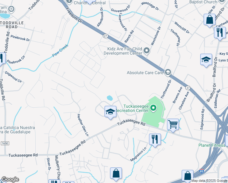 map of restaurants, bars, coffee shops, grocery stores, and more near 3419 Victoria Brook Lane in Charlotte