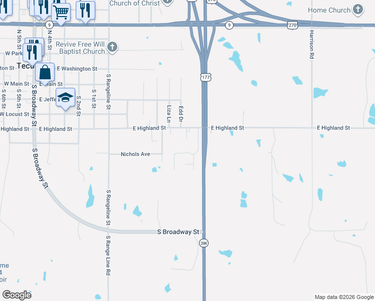 map of restaurants, bars, coffee shops, grocery stores, and more near 604 Timber Ridge Drive in Tecumseh