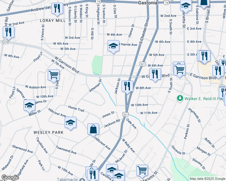 map of restaurants, bars, coffee shops, grocery stores, and more near 831 Jackson Street in Gastonia